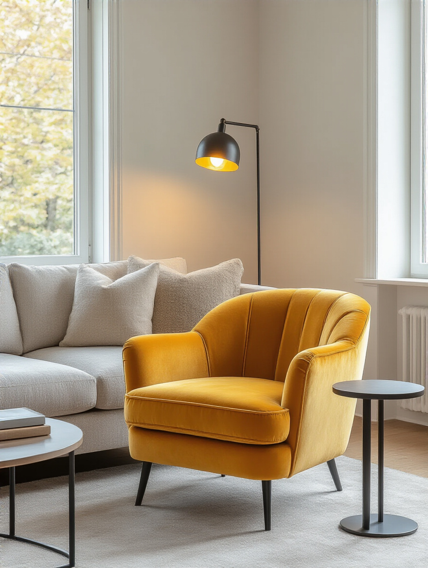 Mustard yellow velvet accent chair in a cozy living room corner with side table and floor lamp