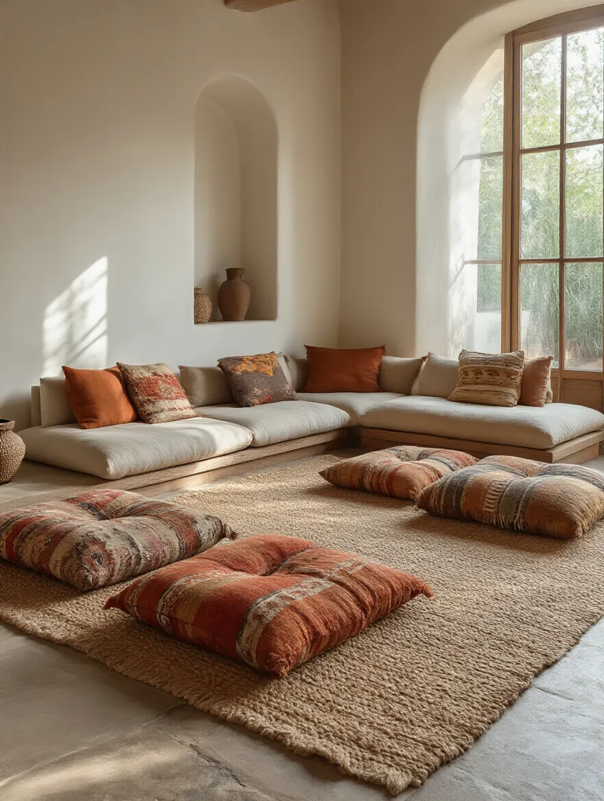 A cozy bohemian living room with low-slung seating and colorful floor cushions