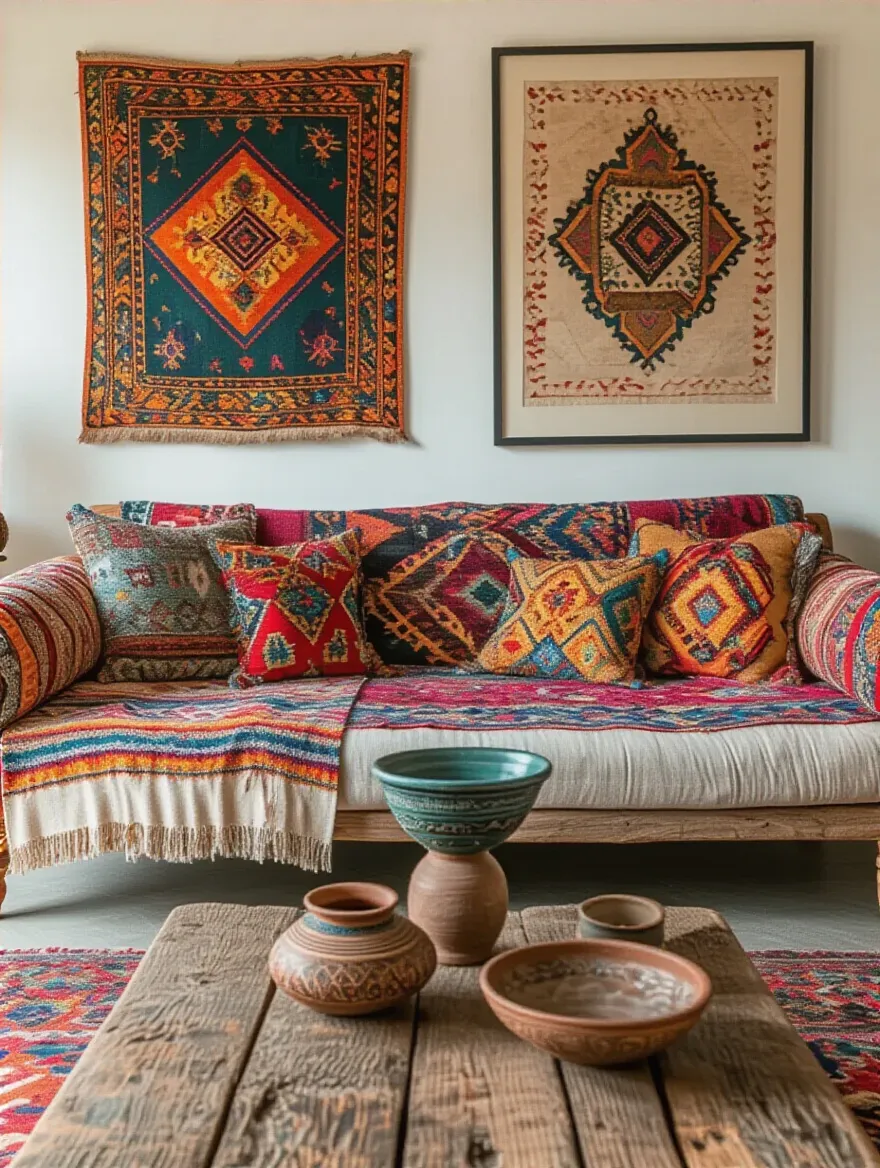 A bohemian living room showcasing unique travel finds, including a Moroccan blanket and Peruvian pottery.