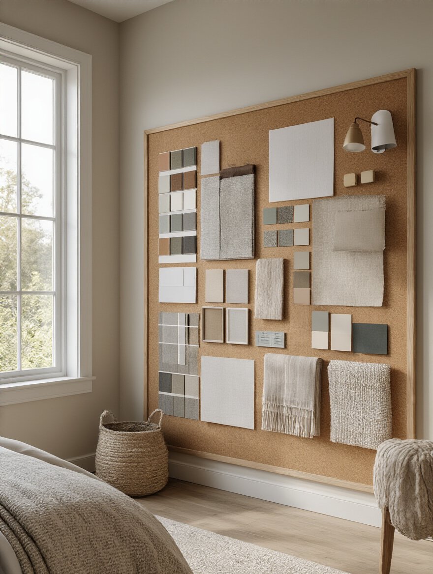 Master bedroom inspiration mood board with fabric swatches, paint chips, and furniture images on corkboard