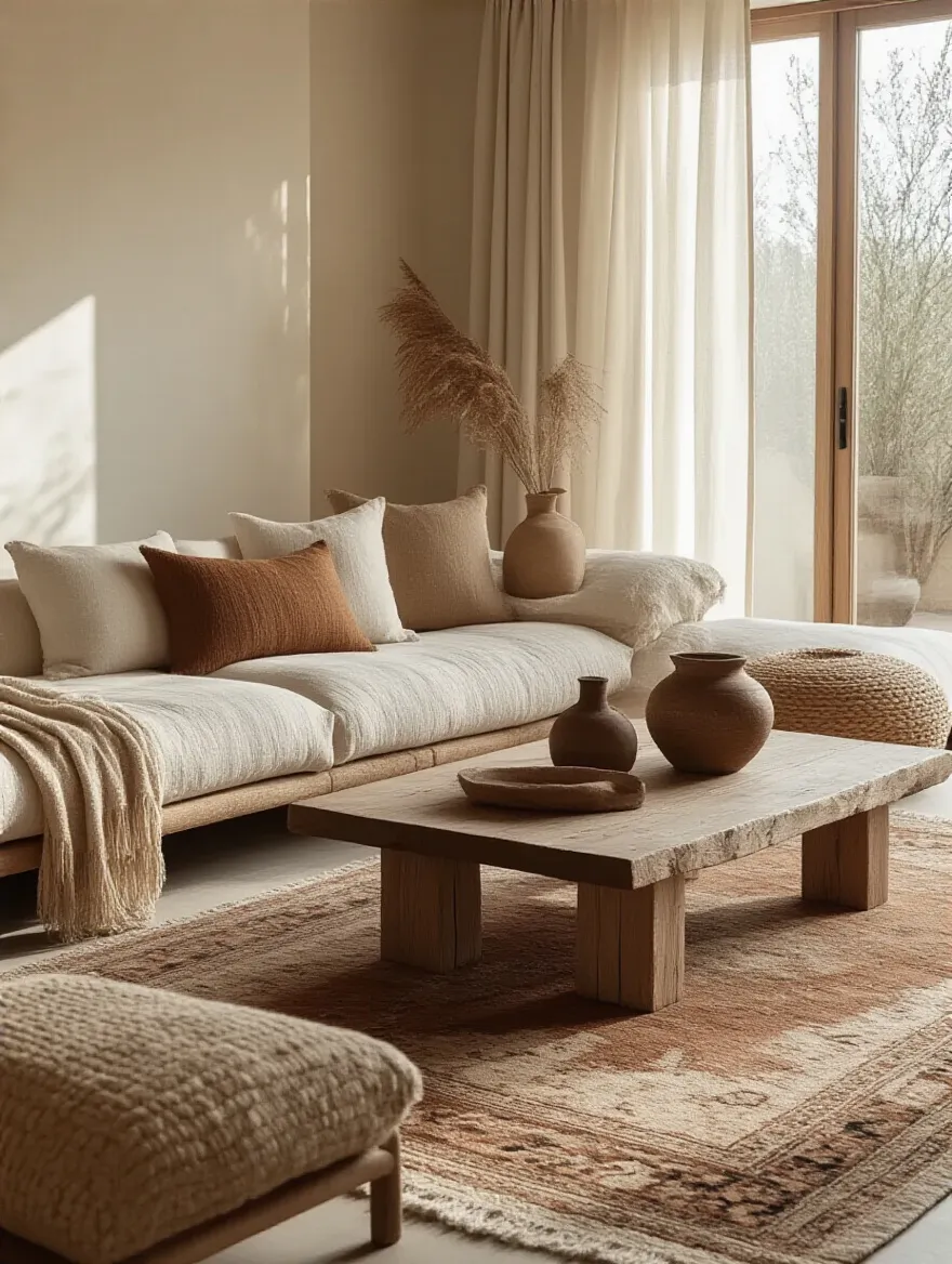 A cozy boho living room filled with textured fabrics, warm earthy colors, and thoughtfully curated decor.