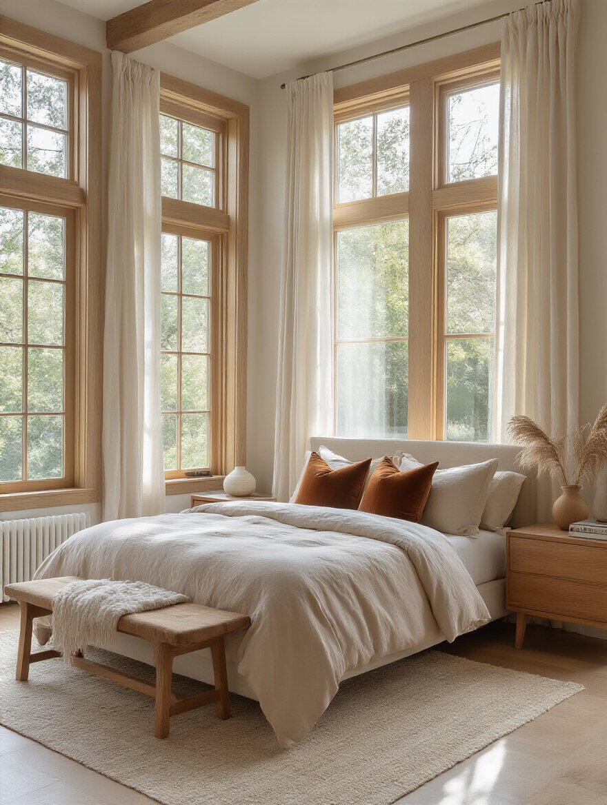 Master bedroom styled as a personal sanctuary with warm neutrals, natural wood furniture, and soft natural lighting, emphasizing clarity and comfort