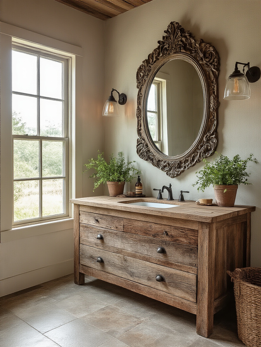 Rustic bathroom featuring a vintage mirror above a reclaimed wood vanity.