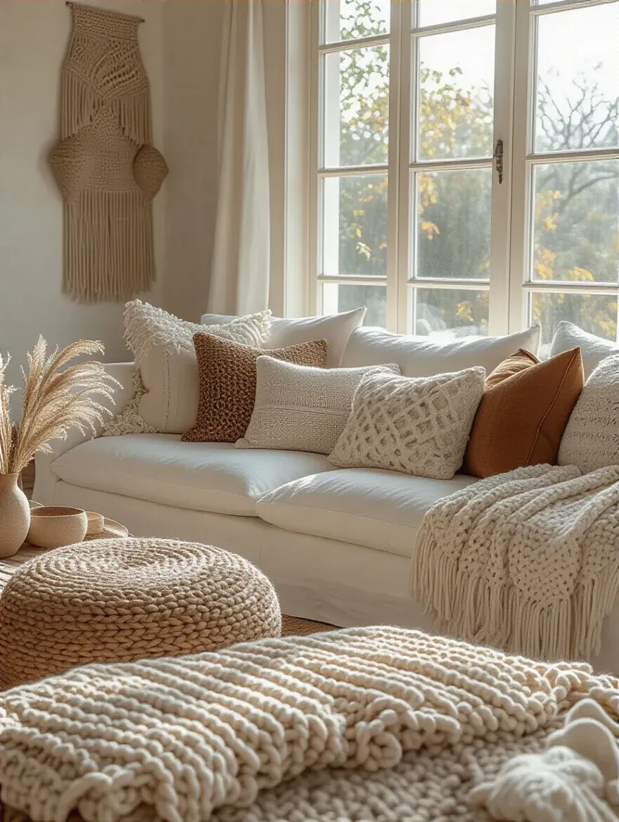 Boho living room with varied cushions and pillows on a minimalist white sofa