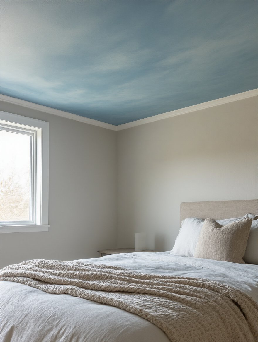 Serene bedroom with soft sky blue painted ceiling creating a calming atmosphere