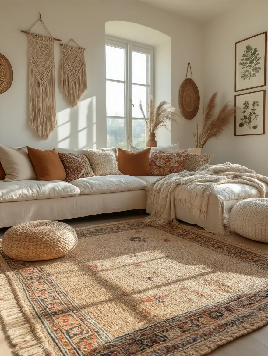 Bohemian living room with layered rugs and textured cushions.