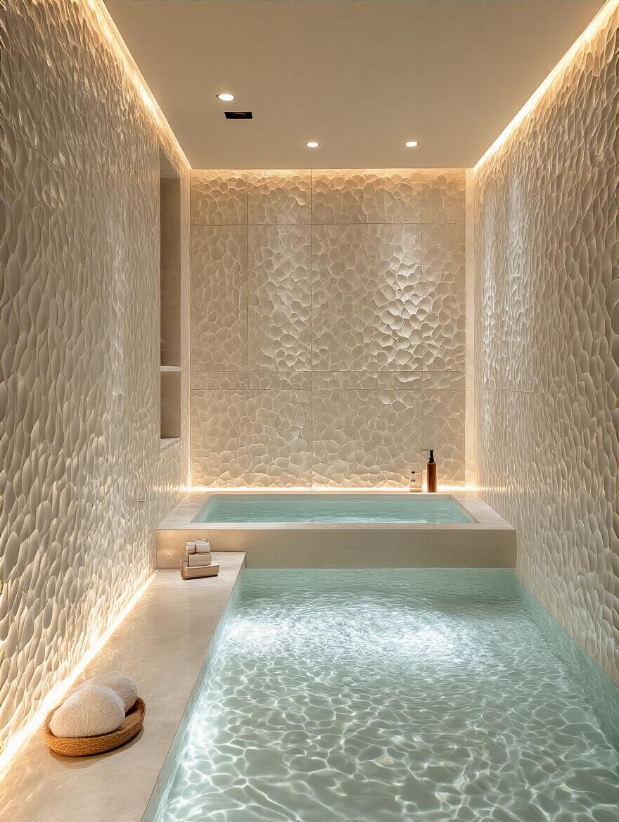 Luxurious bathroom with textured tiles enhanced by thoughtful lighting placement.