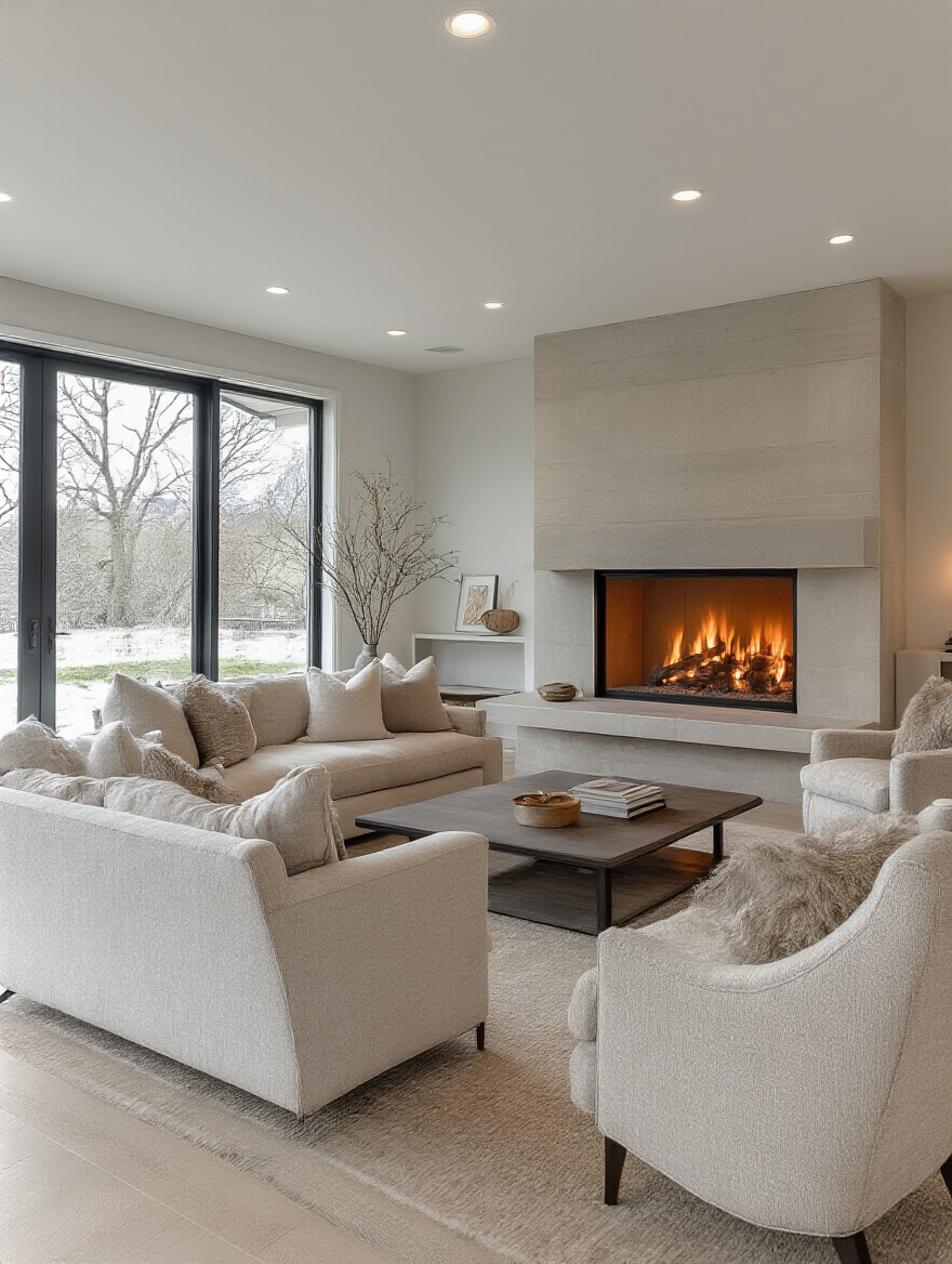 Modern living room with a clear focal point fireplace guiding furniture placement