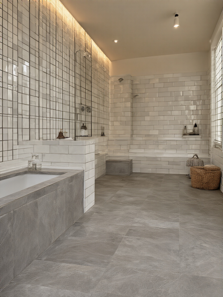 A modern bathroom with harmonious floor and wall tile selections.