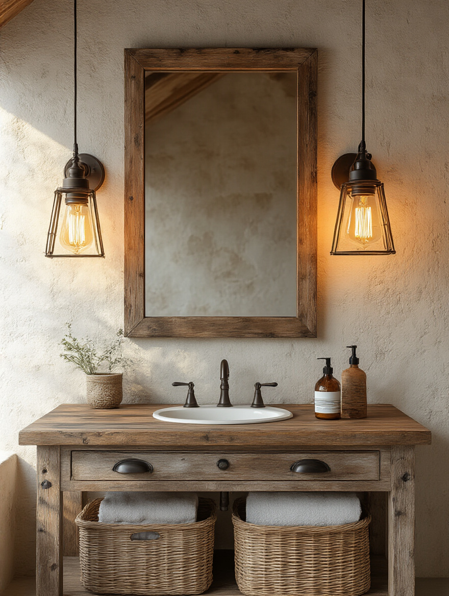Rustic bathroom with vintage Edison bulbs and lantern-style fixtures illuminating a wooden vanity