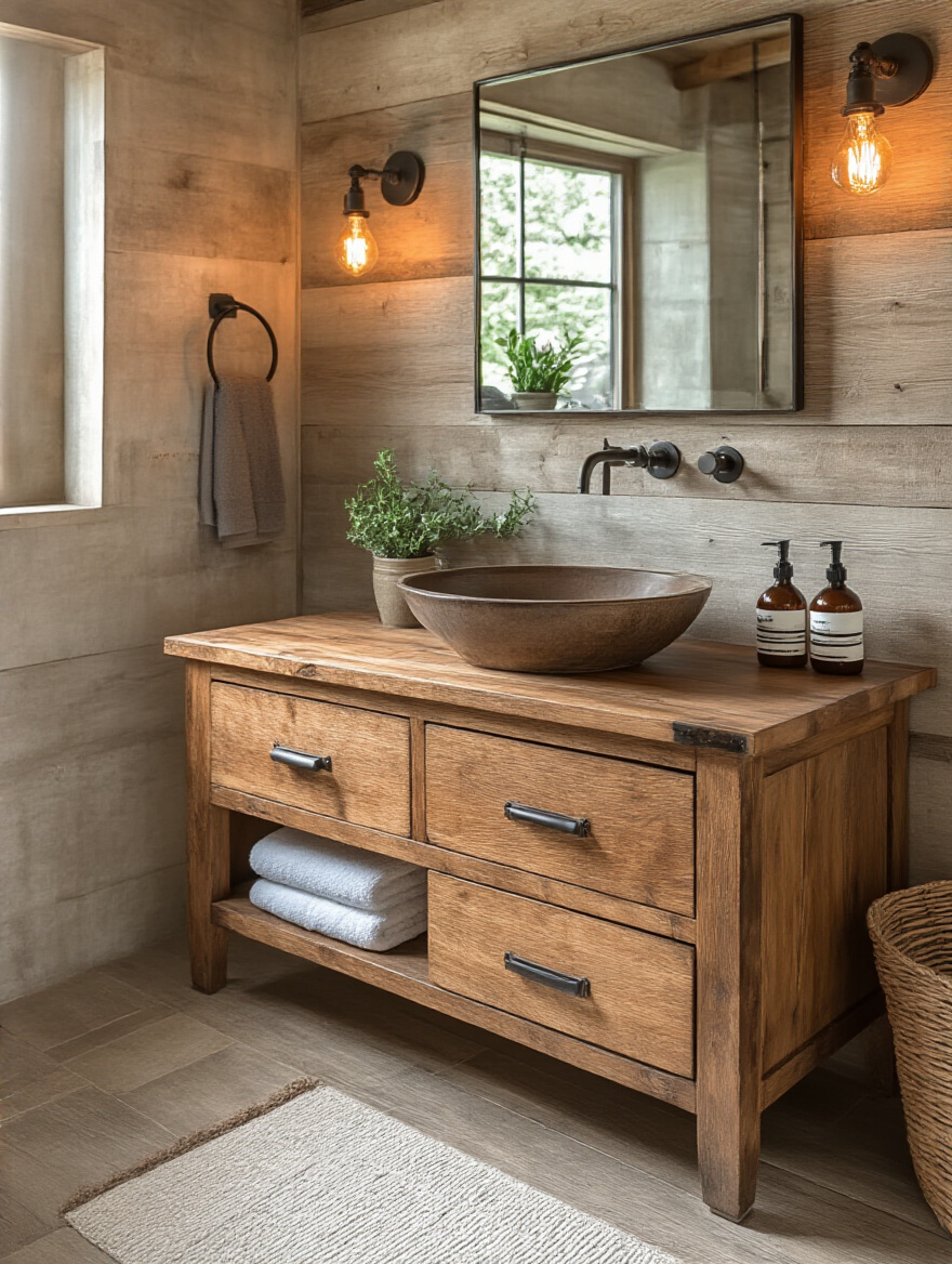 Rustic bathroom with wooden vanity and metal fixtures, showcasing care tips for maintenance.