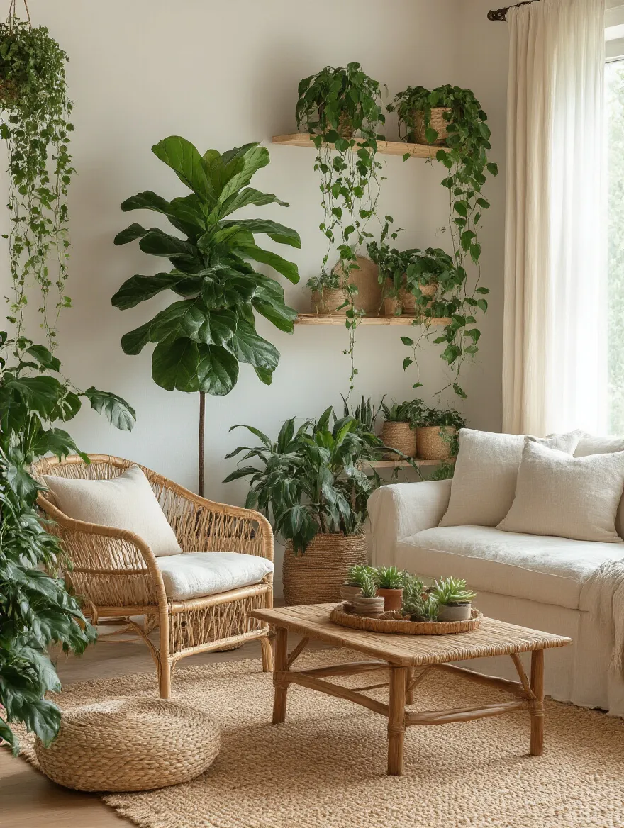 Cozy boho living room with various indoor plants and natural textures
