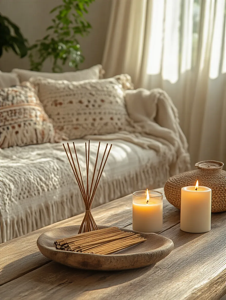 Boho living room with natural incense and candles, warm lighting