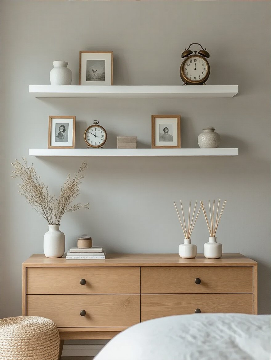 Floating shelves installed above a wooden dresser displaying cherished objects in a stylish bedroom with soft natural lighting