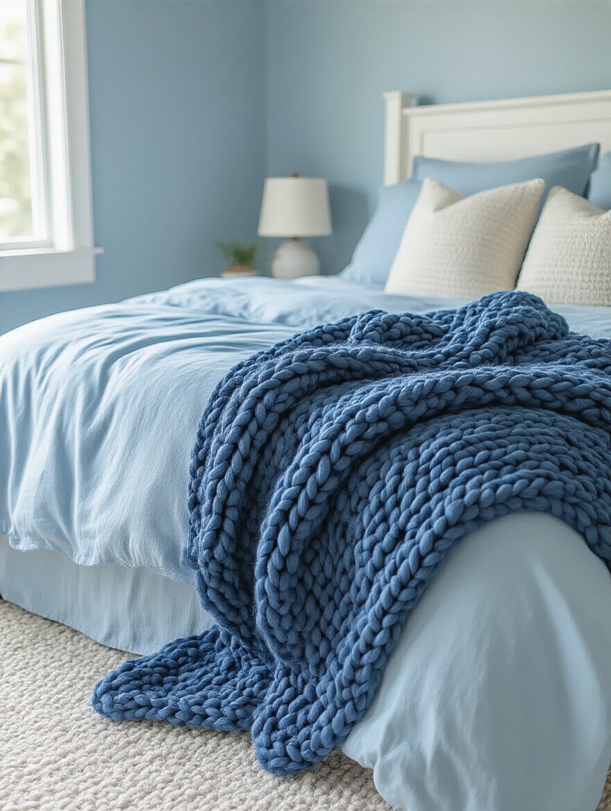 Blue bedroom corner with chunky knit navy blue throw draped over bed foot, showcasing cozy and stylish decor