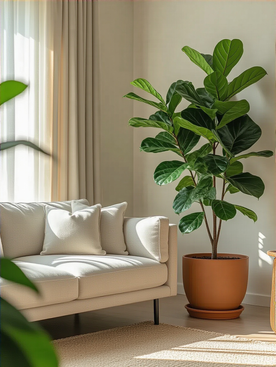 Modern living room corner with large Fiddle Leaf Fig plant in terracotta planter beside low-slung sofa, illuminated by natural light