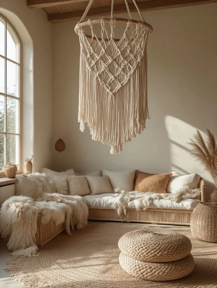 Bohemian living room with macrame hangings as focal point