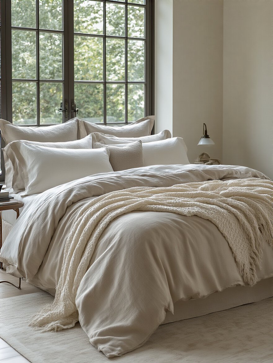 Master bedroom bed with luxurious satin and linen bedding textures, soft natural lighting highlighting fabric details