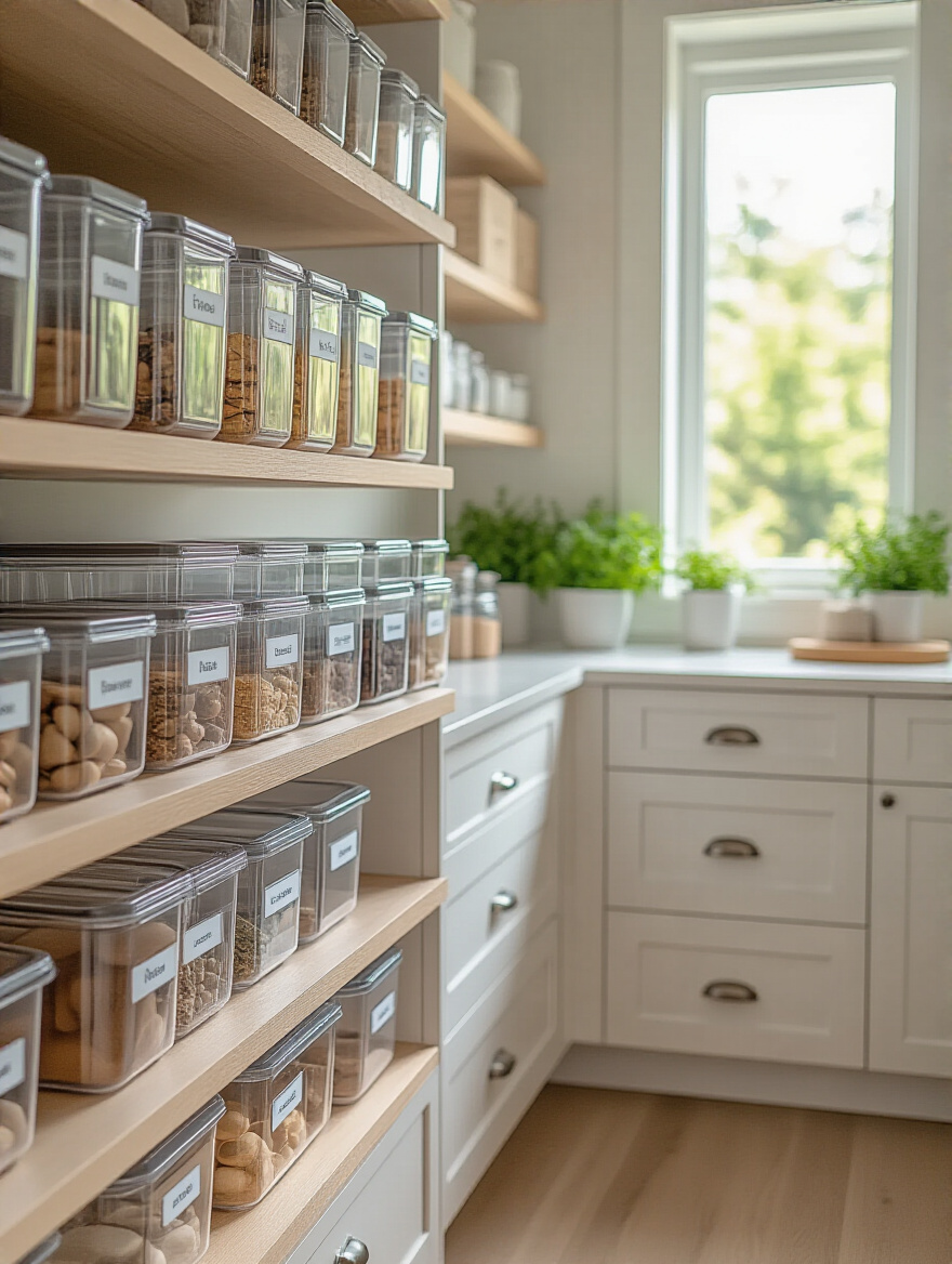 Organized kitchen pantry with clear labeled containers, drawers, and cabinet doors for easy guest and family access