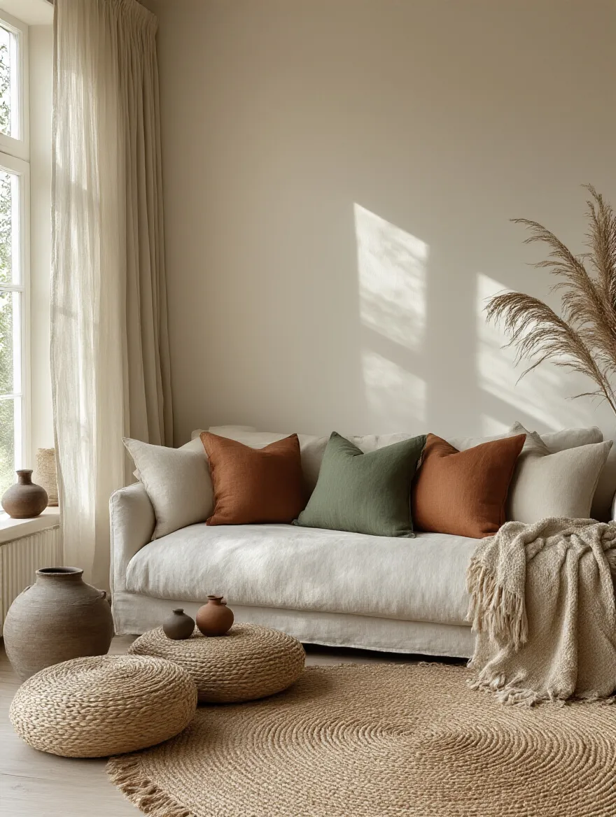 Bohemian living room showcasing intentional color palette blending with neutral sofa and nature-inspired hues.
