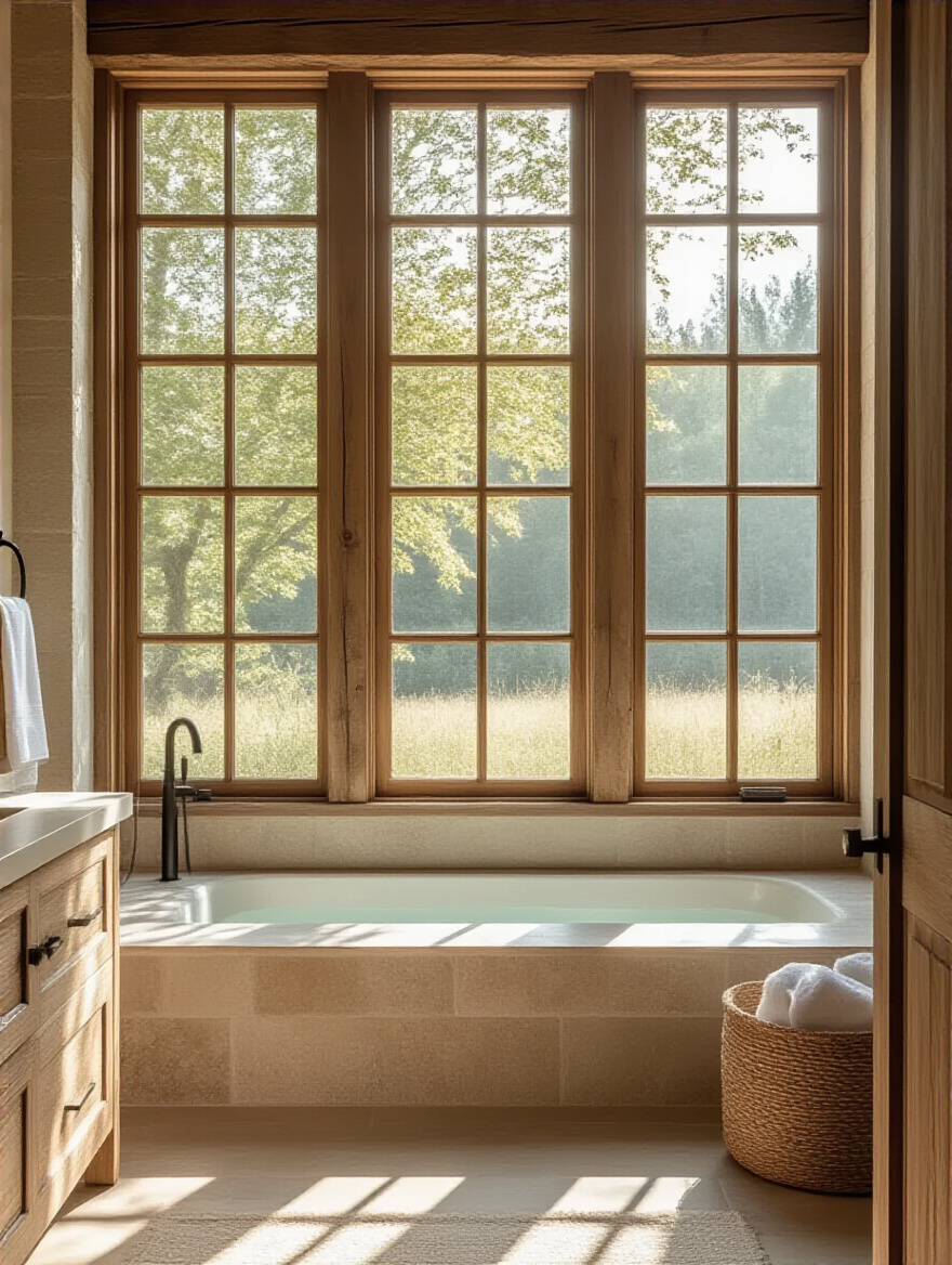 Rustic bathroom filled with natural light, showcasing wood accents and stone tiles.