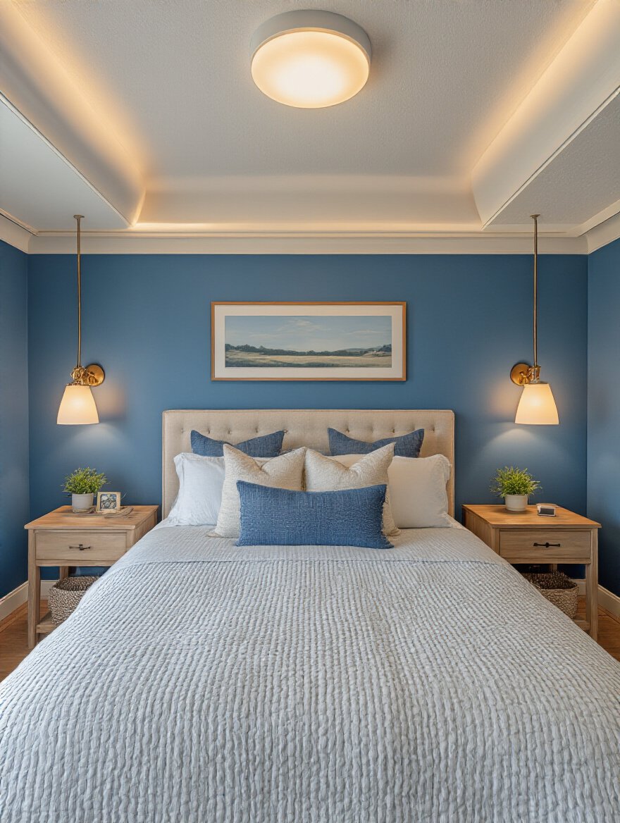 Blue bedroom wall enhanced by layered high CRI lighting showing vibrant and rich blue hues