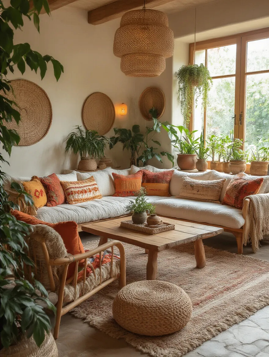 Beautifully arranged bohemian living room with optimized layout for flow and conversational comfort