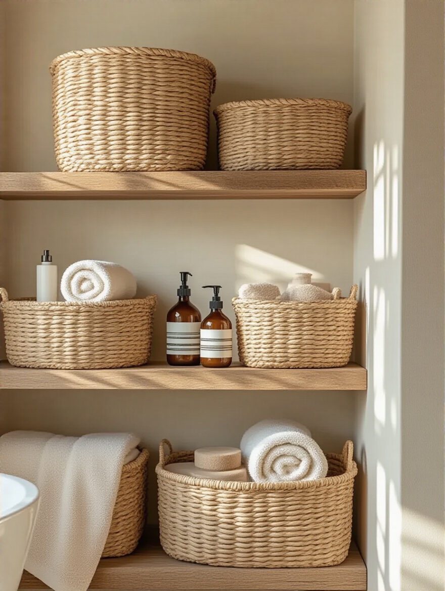 Rustic bathroom with open wooden shelving and woven baskets for organization.