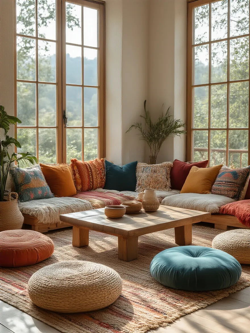 Bohemian living room with colorful floor cushions arranged around a low coffee table