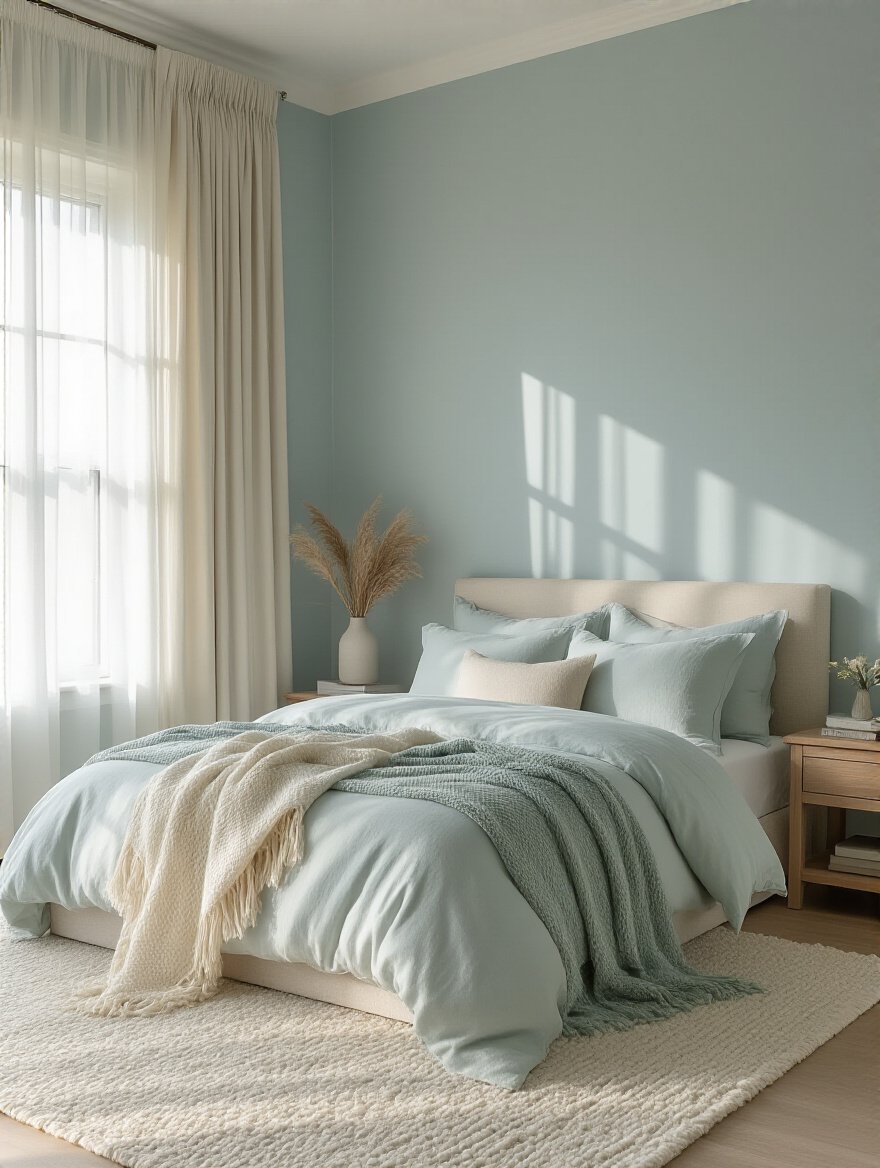 Master bedroom interior featuring a soothing color palette with soft blues, muted greens, and creamy whites promoting tranquility