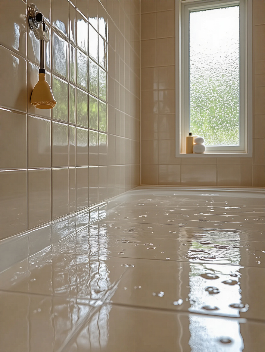 Clean and bright bathroom showcasing glossy tiles and a squeegee, emphasizing tile luster maintenance.