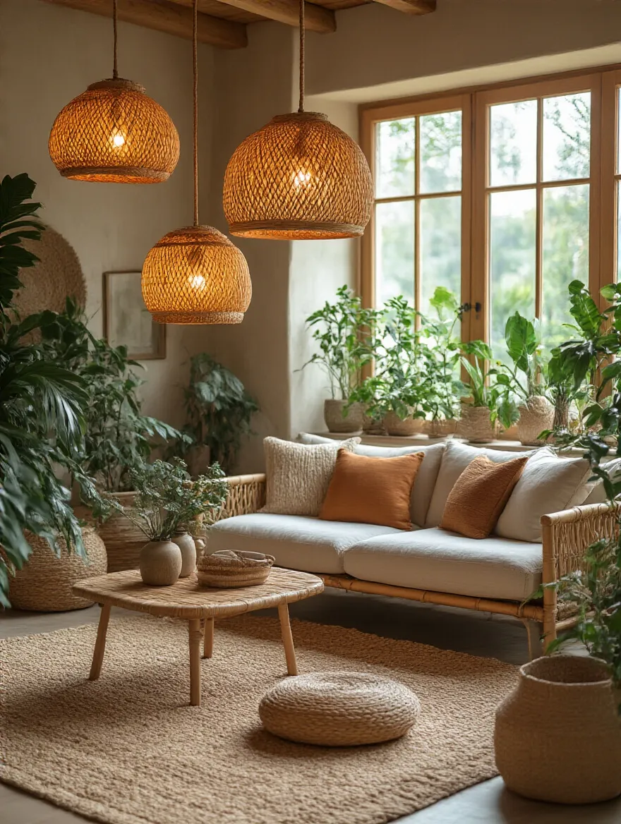 Cozy boho living room with warm lighting from woven pendant fixtures