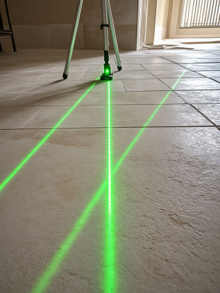Bathroom tile installation with laser level projecting straight lines