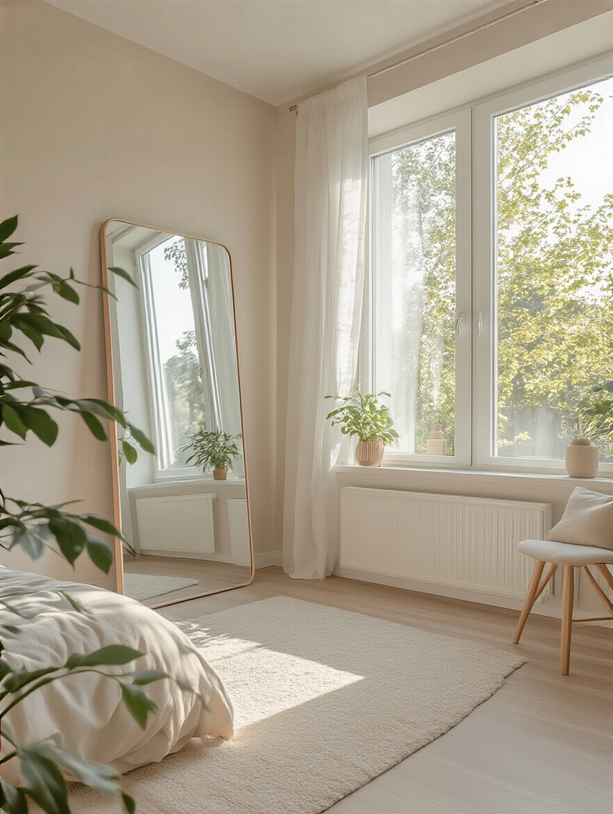 Small bedroom with a large floor-to-ceiling mirror reflecting natural light and creating an airy, spacious feel