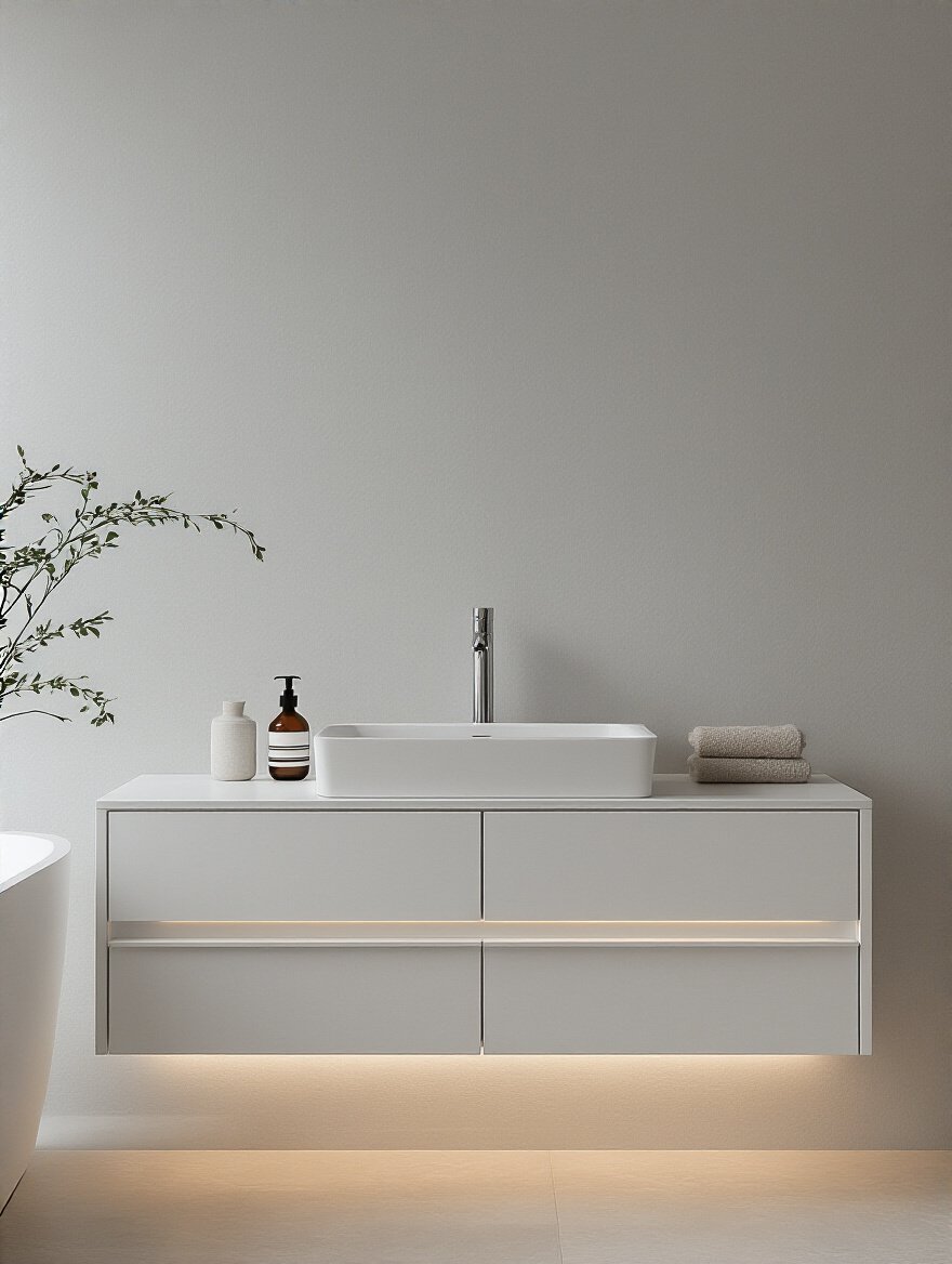 Modern minimalist bathroom vanity with sleek, handle-free design and floating effect under soft lighting