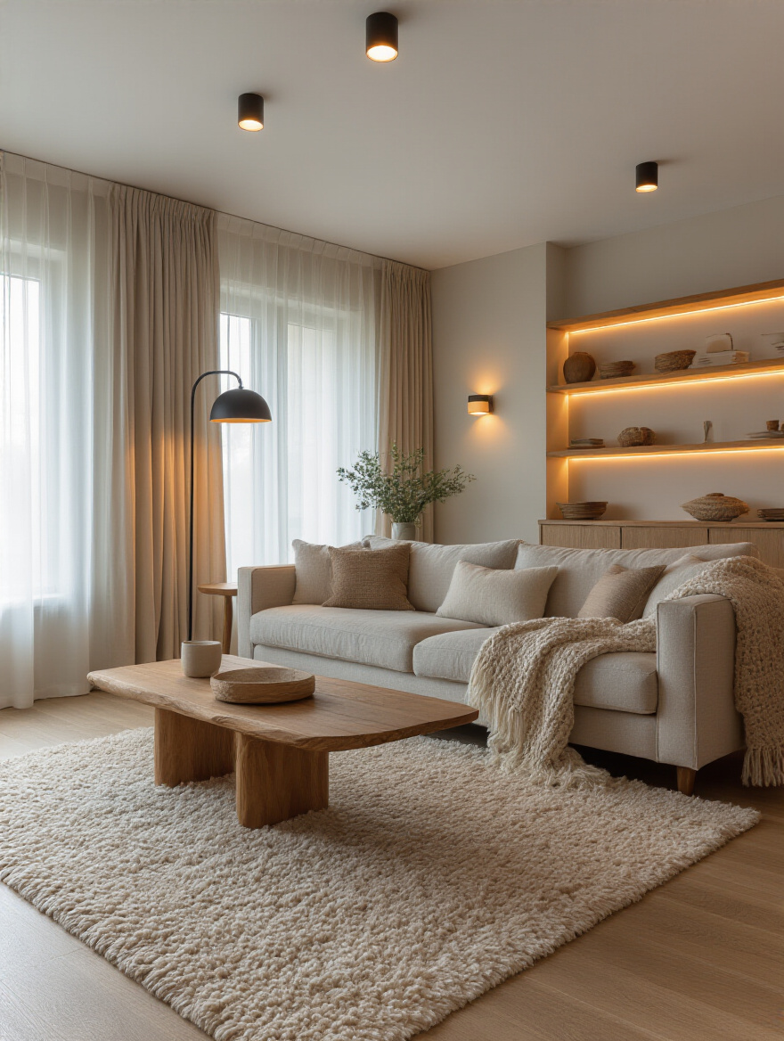 Cozy living room with dimmable warm white bulbs in all fixtures, warm ambient glow, no people