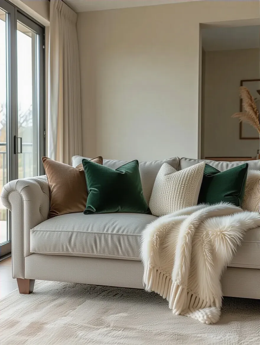 Sofa styled with layered throw pillows and a draped blanket in a warm living room.