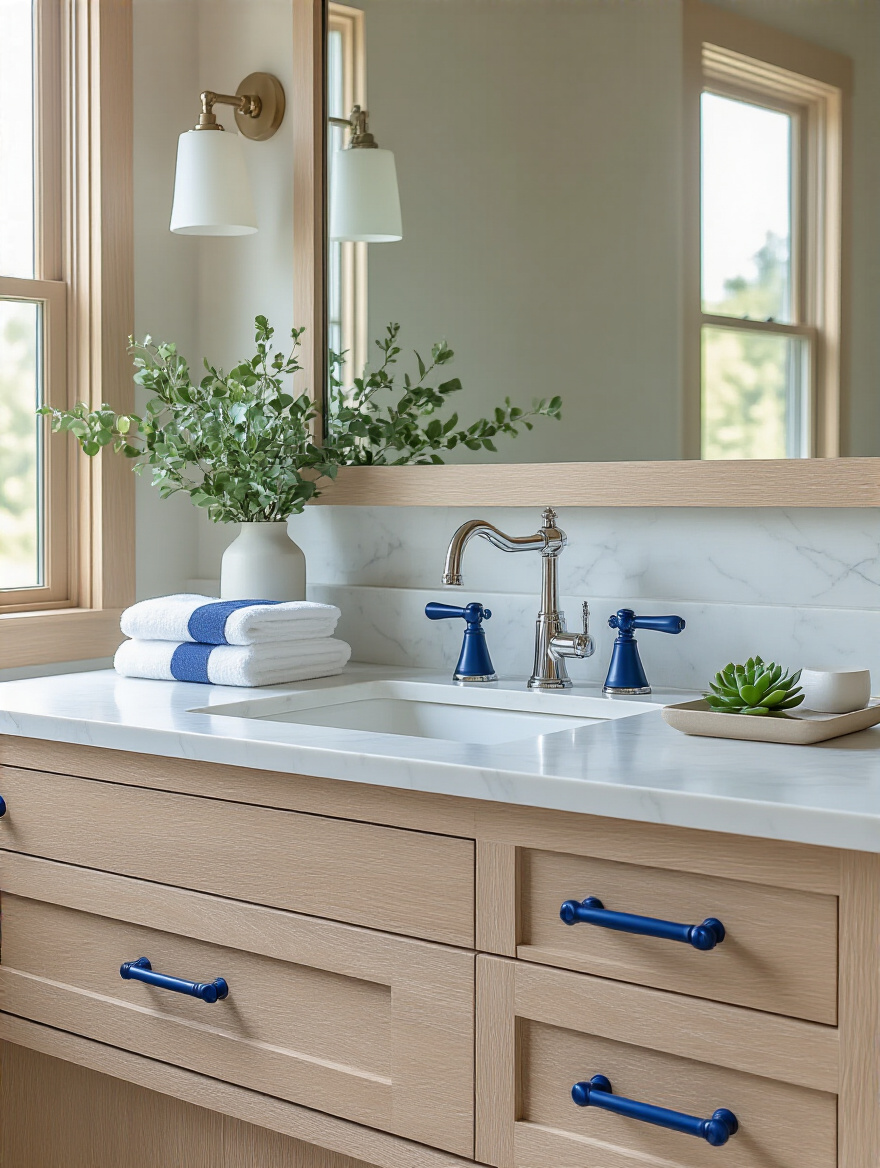 Vertical close-up of a bathroom vanity with matte navy blue cabinet pulls and cobalt blue faucet handles, white quartz counter and soft natural light.