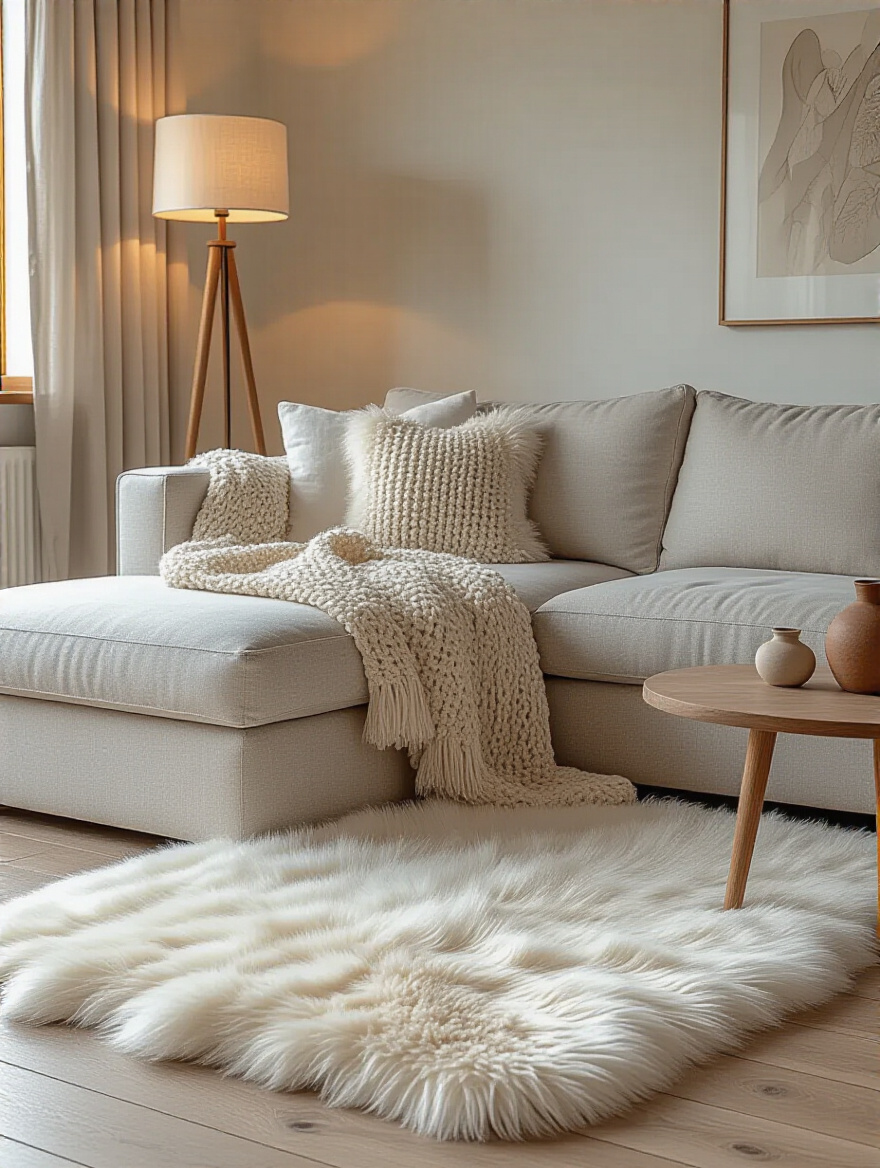 Cozy living room with ivory faux fur rug and plush textures