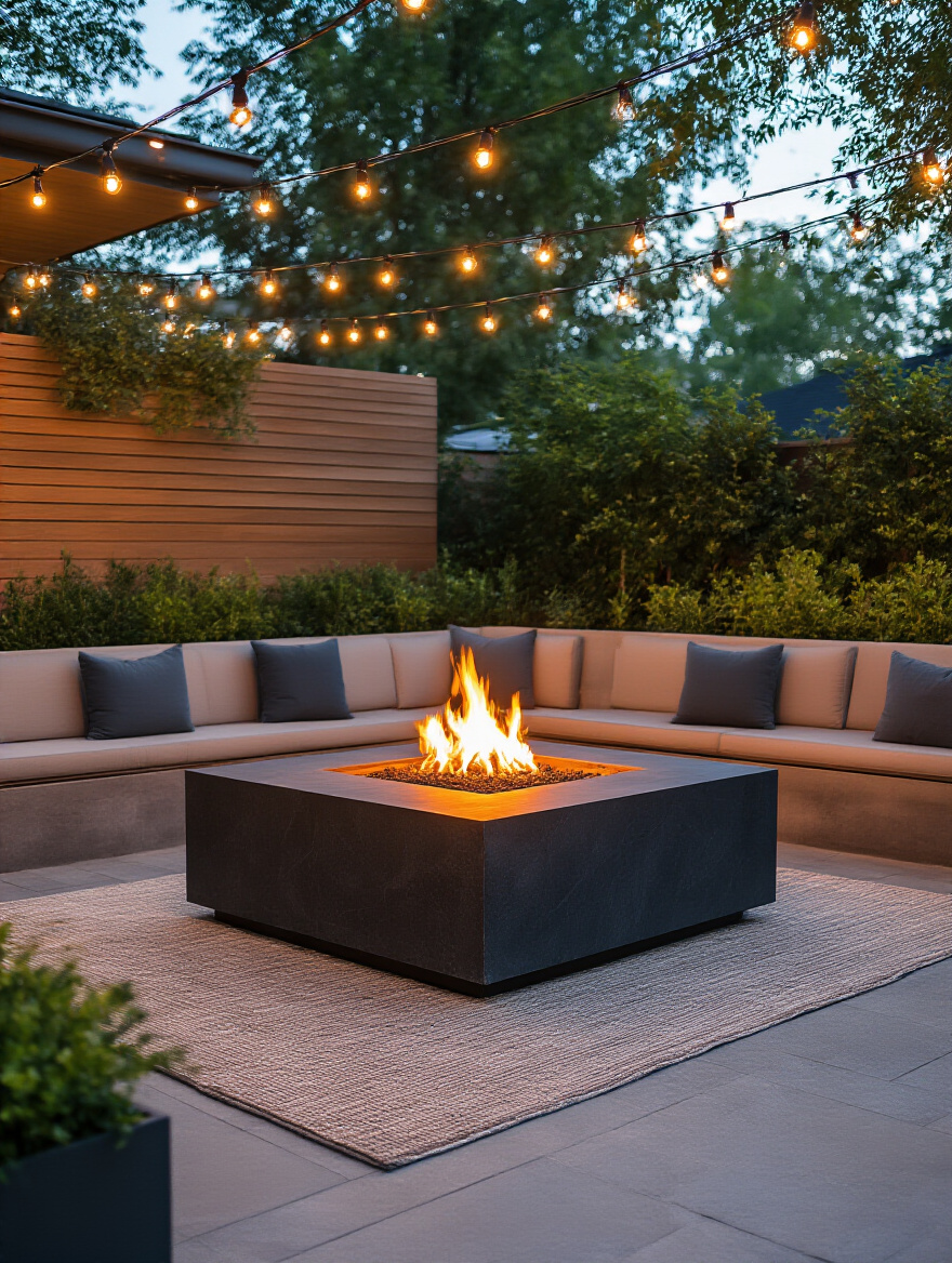 Backyard patio with a central fire pit table, warm glow, and surrounding seating at dusk.