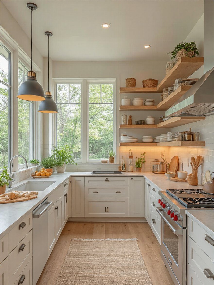 Modern kitchen interior showing efficient workflow paths with distinct functional zones and ergonomic layout, bright natural and artificial lighting, no people