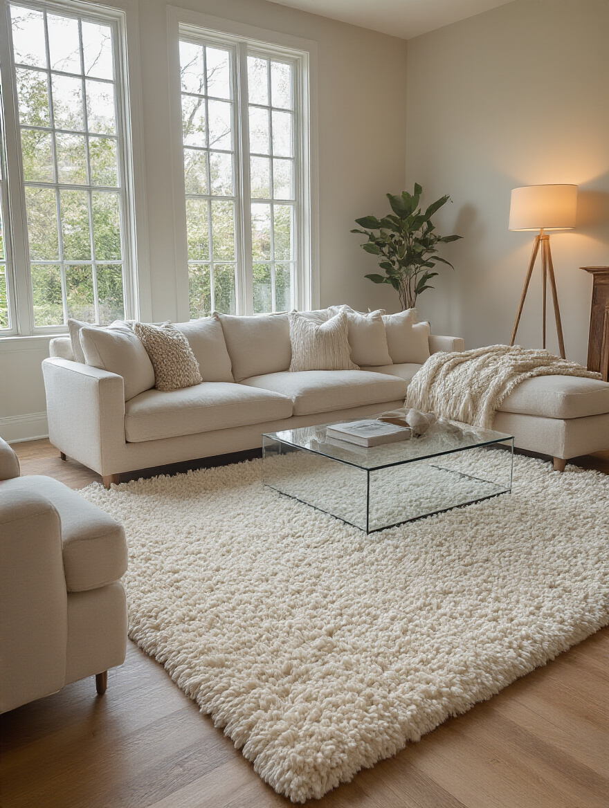 Portrait of a cozy living room anchored by a plush oversized area rug with no people