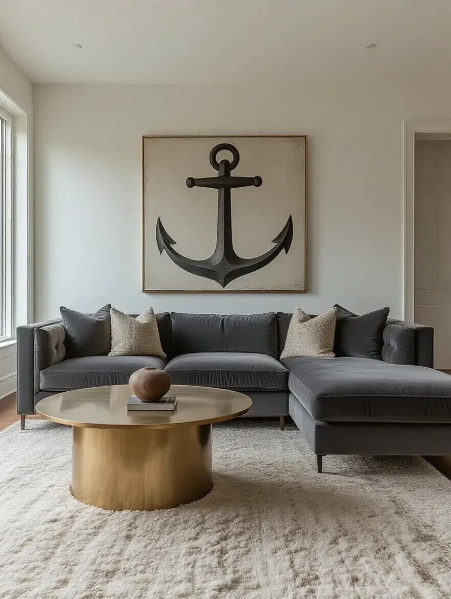 Vertical living room with a bold anchor piece as focal point and warm lighting
