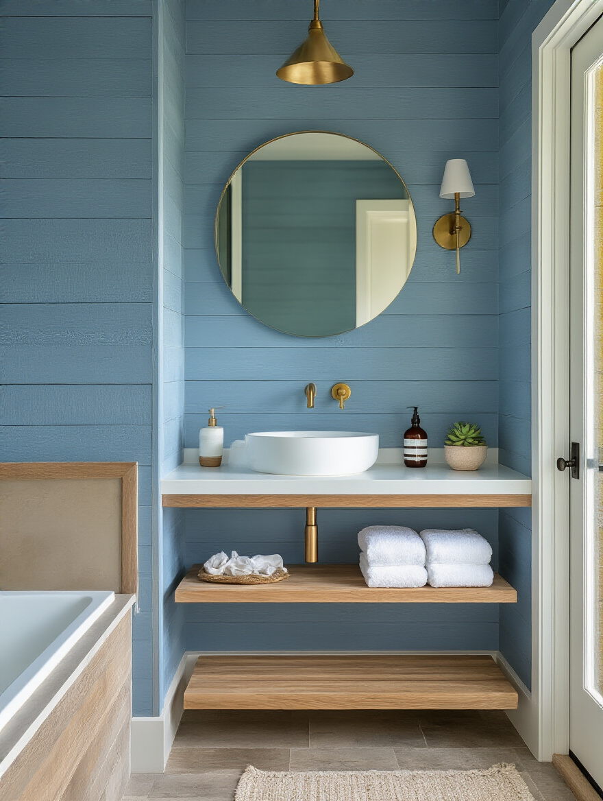 Beach-house bathroom with coastal blue shiplap paneling behind a white vanity, brass fixtures, and natural accents