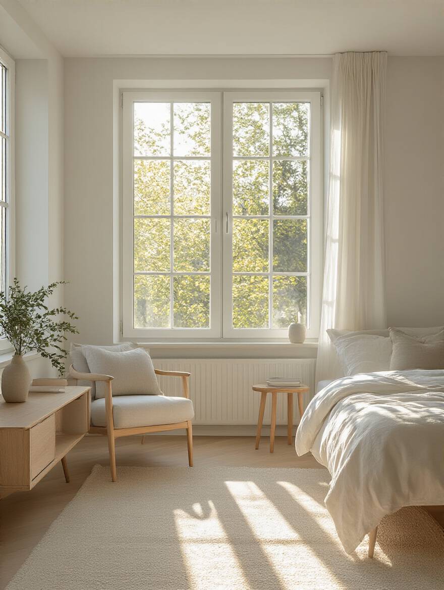 Bright modern apartment bedroom interior showcasing natural light streaming through large windows for optimal layout and ambiance