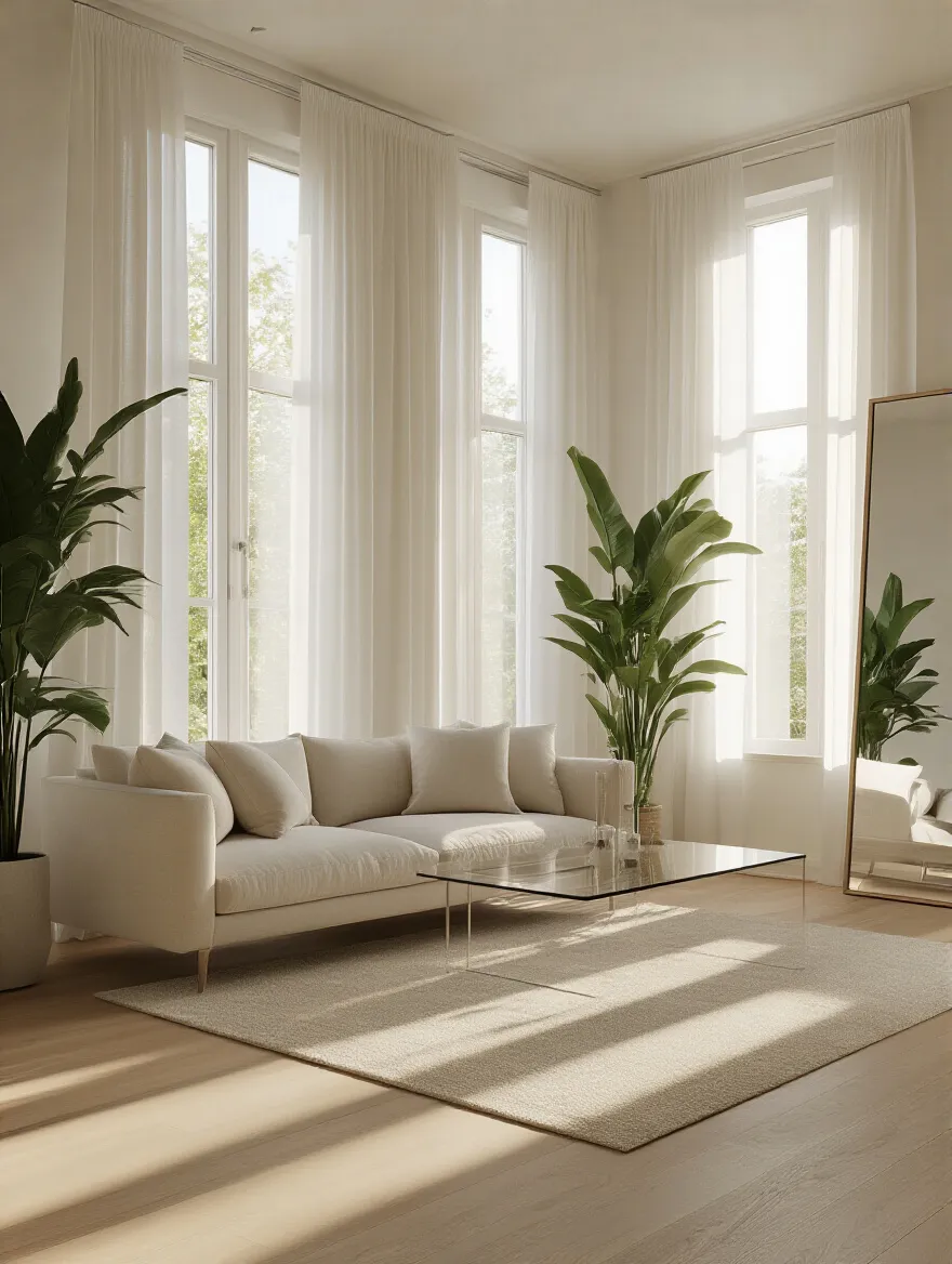 Vertical portrait of a bright living room with daylight streaming through large windows and reflective surfaces