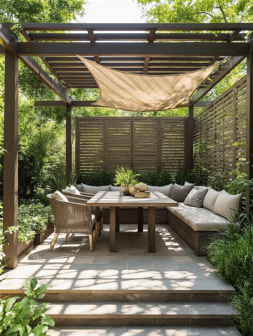 Vertical patio scene showing shaded dining area, sunlit pockets, and windbreaks