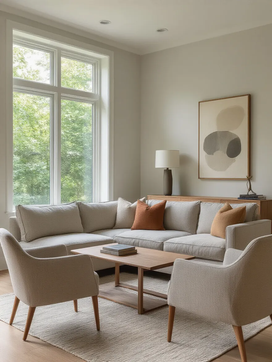 Portrait living room showing balanced furniture scale and proportion with anchor sofa, coffee table, accent chairs, rug, and console