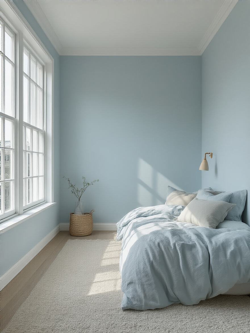 Small bedroom interior painted in light cool colors with natural light highlighting expanded space