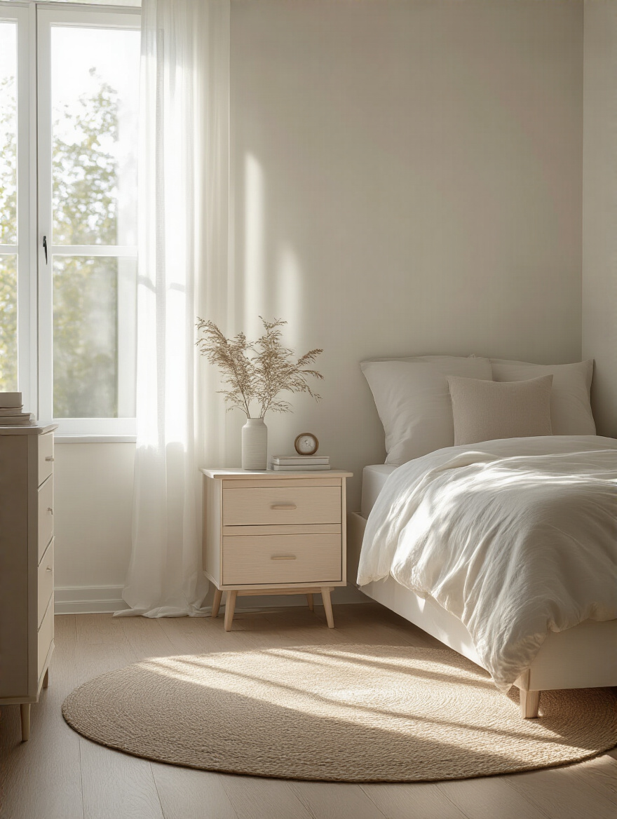 Minimalist small bedroom with clear floors and surfaces, showcasing a clutter-free design